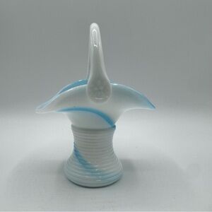 Vintage Hand Blown Milk Glass Blue Swirl Basket Art Glass